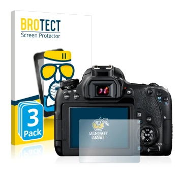 Parte frontal de un envase de producto con el logotipo de la marca BROTECT. Al lado se muestra el dispositivo Canon EOS 77D co