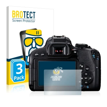 Parte frontal de un envase de producto con el logotipo de la marca BROTECT. Al lado se muestra el dispositivo Canon EOS 800D c