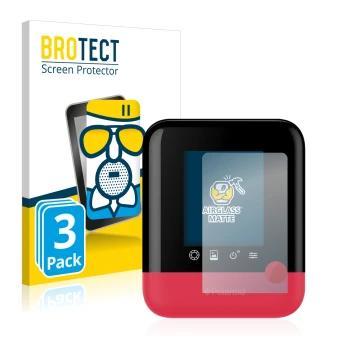 Parte frontal de un envase de producto con el logotipo de la marca BROTECT. Al lado se muestra el dispositivo Polaroid Pop con