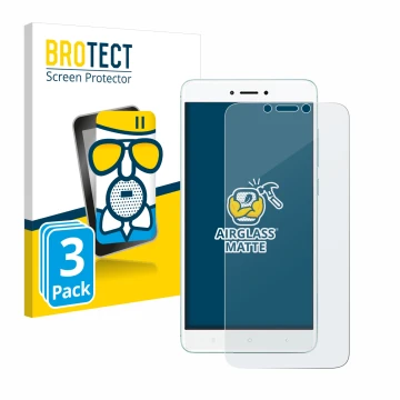 Parte frontal de un envase de producto con el logotipo de la marca BROTECT. Al lado se muestra el dispositivo Xiaomi Redmi 4X 