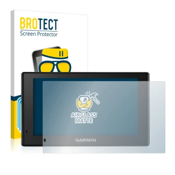 Parte frontal de un envase de producto con el logotipo de la marca BROTECT. Al lado se muestra el dispositivo Garmin DriveSmar