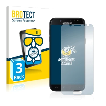 Parte frontal de un envase de producto con el logotipo de la marca BROTECT. Al lado se muestra el dispositivo Samsung Galaxy J
