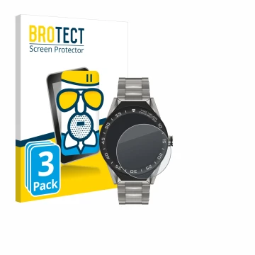 Parte frontal de un envase de producto con el logotipo de la marca BROTECT. Al lado se muestra el dispositivo TAG Heuer Connec