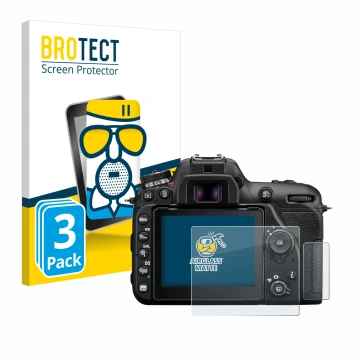 Parte frontal de un envase de producto con el logotipo de la marca BROTECT. Al lado se muestra el dispositivo Nikon D7500 con 
