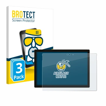 Parte frontal de un envase de producto con el logotipo de la marca BROTECT. Al lado se muestra el dispositivo Microsoft Surfac