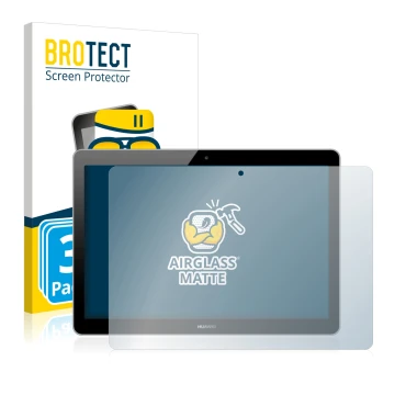 Parte frontal de un envase de producto con el logotipo de la marca BROTECT. Al lado se muestra el dispositivo Huawei MediaPad 
