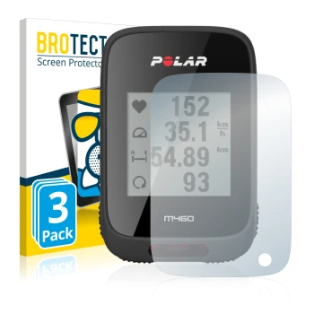 Parte frontal de un envase de producto con el logotipo de la marca BROTECT. Al lado se muestra el dispositivo Polar M460 con s