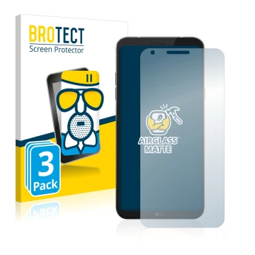 Parte frontal de un envase de producto con el logotipo de la marca BROTECT. Al lado se muestra el dispositivo LG Q6 con su pro