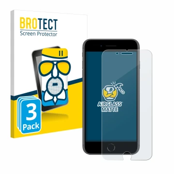 Parte frontal de un envase de producto con el logotipo de la marca BROTECT. Al lado se muestra el dispositivo Apple iPhone 8 P