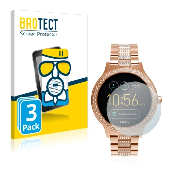 Parte frontal de un envase de producto con el logotipo de la marca BROTECT. Al lado se muestra el dispositivo Fossil Q Venture
