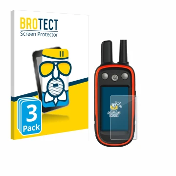 Parte frontal de un envase de producto con el logotipo de la marca BROTECT. Al lado se muestra el dispositivo Garmin Atemos 10