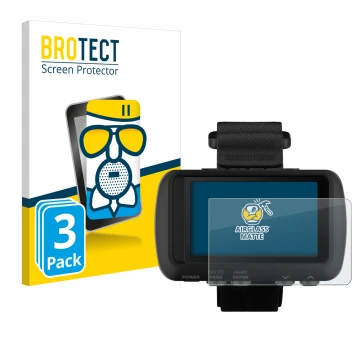 Parte frontal de un envase de producto con el logotipo de la marca BROTECT. Al lado se muestra el dispositivo Garmin Foretrex 