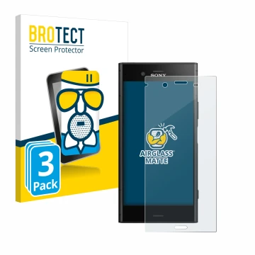 Parte frontal de un envase de producto con el logotipo de la marca BROTECT. Al lado se muestra el dispositivo Sony Xperia XZ1 