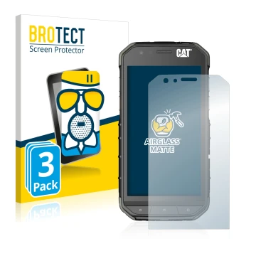 Parte frontal de un envase de producto con el logotipo de la marca BROTECT. Al lado se muestra el dispositivo Caterpillar Cat 