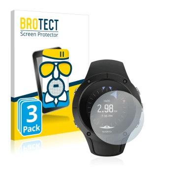 Parte frontal de un envase de producto con el logotipo de la marca BROTECT. Al lado se muestra el dispositivo Suunto Spartan T