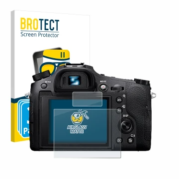 Parte frontal de un envase de producto con el logotipo de la marca BROTECT. Al lado se muestra el dispositivo Sony Cyber-Shot 