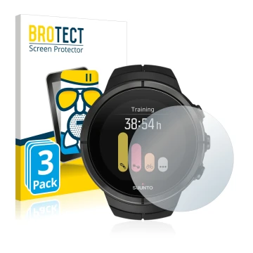 Parte frontal de un envase de producto con el logotipo de la marca BROTECT. Al lado se muestra el dispositivo Suunto Spartan U