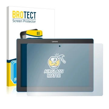 Parte frontal de un envase de producto con el logotipo de la marca BROTECT. Al lado se muestra el dispositivo Lenovo Tab 10 TB