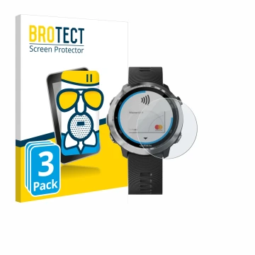 Parte frontal de un envase de producto con el logotipo de la marca BROTECT. Al lado se muestra el dispositivo Garmin Forerunne