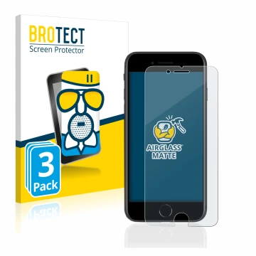 Parte frontal de un envase de producto con el logotipo de la marca BROTECT. Al lado se muestra el dispositivo Apple iPhone SE 