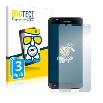 Parte frontal de un envase de producto con el logotipo de la marca BROTECT. Al lado se muestra el dispositivo Samsung Galaxy J