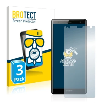 Parte frontal de un envase de producto con el logotipo de la marca BROTECT. Al lado se muestra el dispositivo Sony Xperia XZ2 