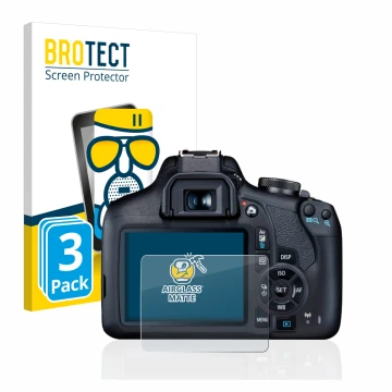 Parte frontal de un envase de producto con el logotipo de la marca BROTECT. Al lado se muestra el dispositivo Canon EOS 2000D 