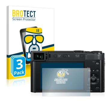 Parte frontal de un envase de producto con el logotipo de la marca BROTECT. Al lado se muestra el dispositivo Panasonic Lumix 