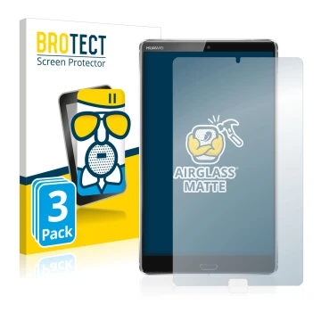 Parte frontal de un envase de producto con el logotipo de la marca BROTECT. Al lado se muestra el dispositivo Huawei MediaPad 