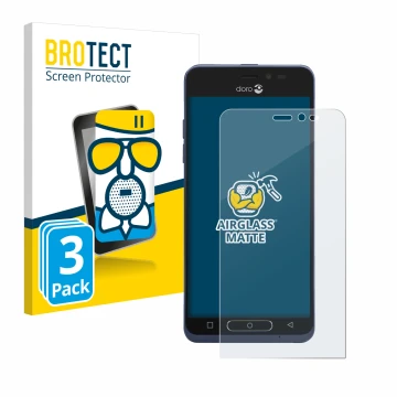 Parte frontal de un envase de producto con el logotipo de la marca BROTECT. Al lado se muestra el dispositivo Doro 8035 con su