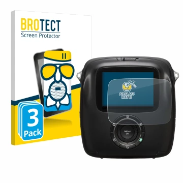 Parte frontal de un envase de producto con el logotipo de la marca BROTECT. Al lado se muestra el dispositivo Fujifilm Instax 