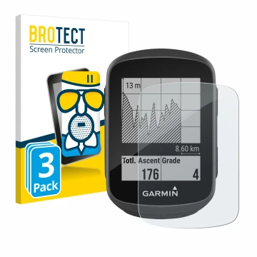 Parte frontal de un envase de producto con el logotipo de la marca BROTECT. Al lado se muestra el dispositivo Garmin Edge 130 