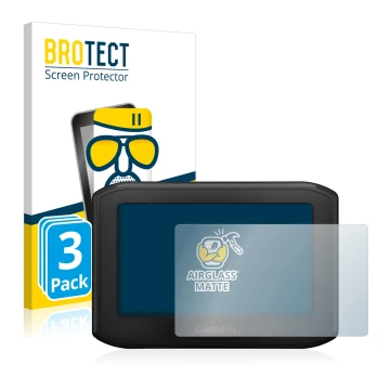 Parte frontal de un envase de producto con el logotipo de la marca BROTECT. Al lado se muestra el dispositivo Garmin zumo 396 