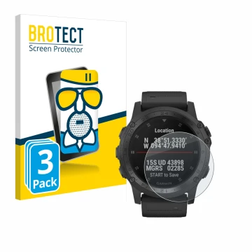Parte frontal de un envase de producto con el logotipo de la marca BROTECT. Al lado se muestra el dispositivo Garmin Tactix Ch