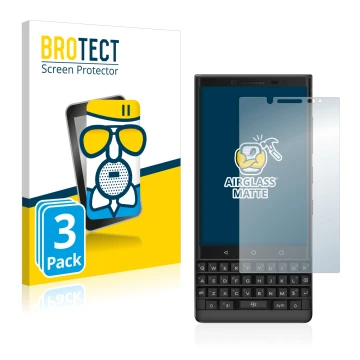 Parte frontal de un envase de producto con el logotipo de la marca BROTECT. Al lado se muestra el dispositivo BlackBerry Key2 