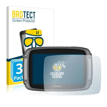 Parte frontal de un envase de producto con el logotipo de la marca BROTECT. Al lado se muestra el dispositivo TomTom Rider 500