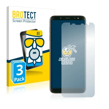 Parte frontal de un envase de producto con el logotipo de la marca BROTECT. Al lado se muestra el dispositivo Samsung Galaxy J