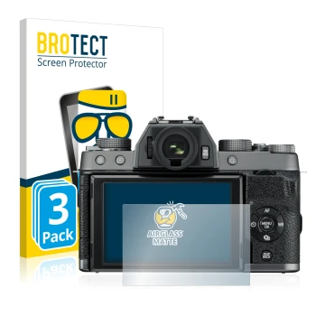 Parte frontal de un envase de producto con el logotipo de la marca BROTECT. Al lado se muestra el dispositivo Fujifilm X-T100 