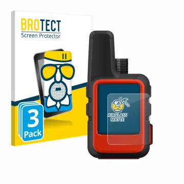 Parte frontal de un envase de producto con el logotipo de la marca BROTECT. Al lado se muestra el dispositivo Garmin inReach M