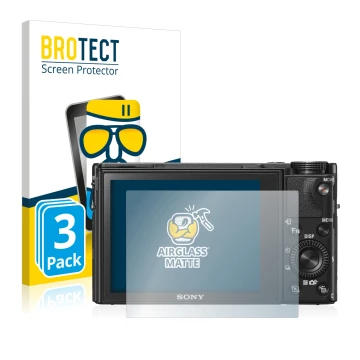 Parte frontal de un envase de producto con el logotipo de la marca BROTECT. Al lado se muestra el dispositivo Sony Cyber-Shot 