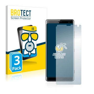 Parte frontal de un envase de producto con el logotipo de la marca BROTECT. Al lado se muestra el dispositivo Sony Xperia XZ3 