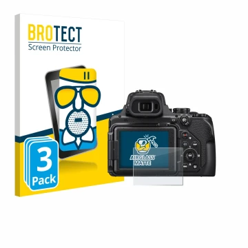 Parte frontal de un envase de producto con el logotipo de la marca BROTECT. Al lado se muestra el dispositivo Nikon Coolpix P1