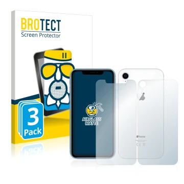 Parte frontal de un envase de producto con el logotipo de la marca BROTECT. Al lado se muestra el dispositivo Apple iPhone XR 