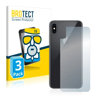 Parte frontal de un envase de producto con el logotipo de la marca BROTECT. Al lado se muestra el dispositivo Apple iPhone Xs 