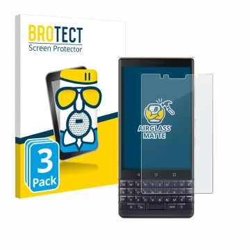 Parte frontal de un envase de producto con el logotipo de la marca BROTECT. Al lado se muestra el dispositivo BlackBerry Key2 