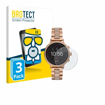 Parte frontal de un envase de producto con el logotipo de la marca BROTECT. Al lado se muestra el dispositivo Fossil Q Venture