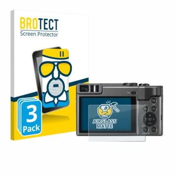 Parte frontal de un envase de producto con el logotipo de la marca BROTECT. Al lado se muestra el dispositivo Panasonic Lumix 