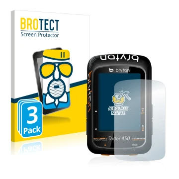 Parte frontal de un envase de producto con el logotipo de la marca BROTECT. Al lado se muestra el dispositivo Bryton Rider 450
