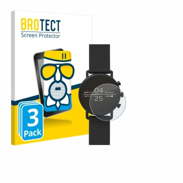 Parte frontal de un envase de producto con el logotipo de la marca BROTECT. Al lado se muestra el dispositivo Skagen Smartwatc