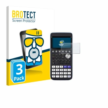 Parte frontal de un envase de producto con el logotipo de la marca BROTECT. Al lado se muestra el dispositivo Casio FX-CG50 co